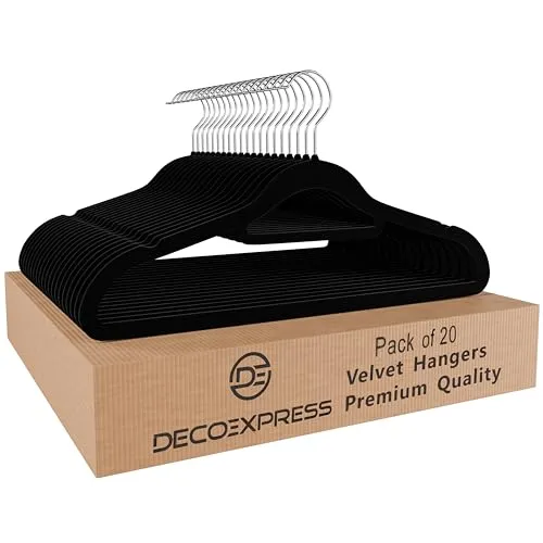 Deco Express Klassische Kleiderbügel Samt, rutschfeste & Platzsparende Kleiderbügel im Multipack (Schwarz, 20er-Pack)