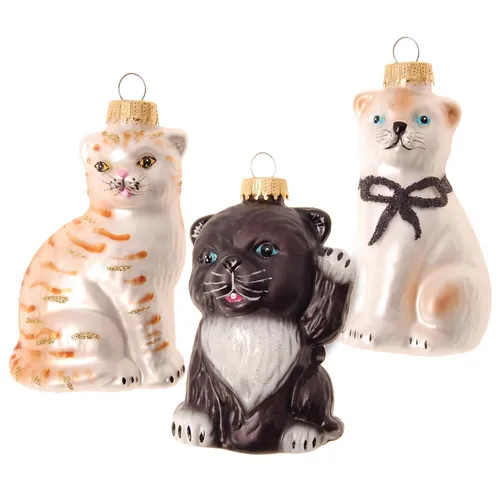 Krebs Glas Lauscha 3 Katzen Anhänger - Christbaumschmuck aus Glas - Christbaumschmuck aus Glas, 3er Set mit handgefertigten Katzen-Anhängern, ideal für eine festliche und tierliebe Weihnachtsdekoration.