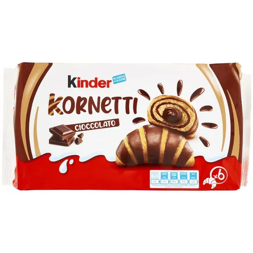 Kinder Kornetti mit Schokolade (0.25 kg) - Abgepackte Gebäckstücke mit cremigem Schokoladenherz, ideal für ein fröhliches Frühstück. Die bunten Doppelteig-Croissants sorgen für gute Laune und ein Lächeln am Morgen!