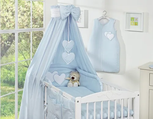 Stoffbaldachin – Blaue Herzen für Babybetten