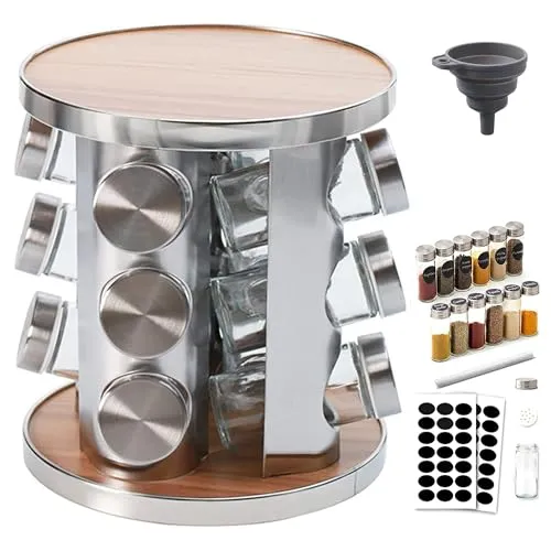 Manfâ Gewürzkarussell 360°drehbar Gewürzregal,12 Gewürzgläsern,Lebensmittelqualität 430-Edelstahl Rotationsküchen Gewürzständer,Gewürzdosen zum Streuen,mit Etikettenpapier und Schreibstift