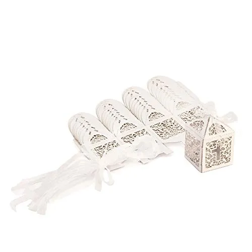 Oblique Unique® 10 Deko Schachteln Boxen mit Christlichen Kreuz Motiv als Dekoration Geschenkverpackung für Taufe Kommunion Konfirmation Hochzeit in Weiß