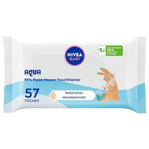 Produktbild NIVEA Baby AQUA Feuchttücher, Baby Feuchttücher zur sanften Reinigung empfindlicher Haut, hypoallergene und parfümfreie Feuchttücher für Babys mit 99 % Wasser (1 x 57 Stück)