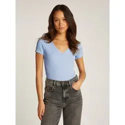Tommy Jeans Damen T-Shirt Kurzarm Slim Essential Rib V-Ausschnitt, Blau (Sweet Blue), XS - Modisches T-Shirt für Damen, aus 95% regenerativer Baumwolle, figurbetont und ideal für Freizeit- und Bürolooks. Hochwertiger Baumwoll-Stretch sorgt für hohen Tragekomfort.
