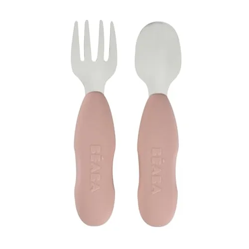 BÉABA, 2er Set Kinderbesteck Inox und Silikon, Baby Besteck, Kinder Besteck, ab 10 Monaten, ergonomische Form, ergonomischer Griff, Lernbesteck Baby, Zuckerwatte