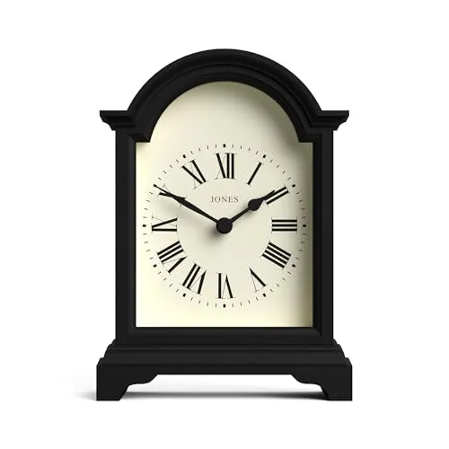 JONES CLOCKS® Bistro kaminuhr | Klassisches Design Einer Arch top Carriage Uhr | Schwarz | Zeitgenössischer klassischer Stil für kaminsims, Schreibtisch, Tisch, Regal und nachttisch