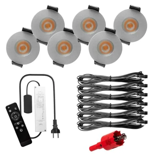 S-Polytec PREMIUM Mini LED- Einbauspots Warmweiss 3.000K, DIMMBAR, IP65, FUNK 3W Einbaustrahler Terrassenüberdachung, Bad, Sauna mit Fernbedienung (SILBER, 6x LED-SET)