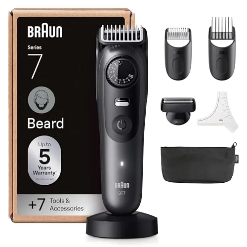 Braun Barttrimmer Series 7 BT7525 - Gesichtshaartrimmer mit 120 Min Akkulaufzeit, 40 Längeneinstellungen und wasserdichtem Design für präzise Bartpflege und Styling.