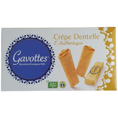 Gavottes Crêpe Dentelle Waffelröllchen - Haltbare Lebensmittel aus Frankreich, knusprige Crêpe Dentelle Waffelröllchen, ideal als feine Nascherei oder zum Dekorieren von Desserts.