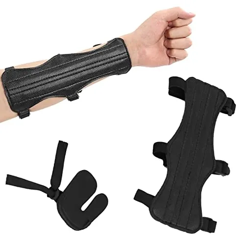 Kajkey Bogenschießen Armschutz Set Mit Handschuh, Unterarmschutz Leder Archery Arm Guard, Für Kinder-Jugend-Erwachsene-Anfänger, Schwarzer Fingerschutz