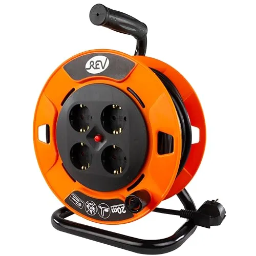 REV Kabeltrommel 20m - 4-fach mit IP20 Berührungsschutz - Kabeltrommel für den Indoor-Gebrauch mit 20m Verlängerungskabel, 4 Schutzkontaktsteckdosen und integriertem Thermoschutzschalter für maximale Sicherheit.