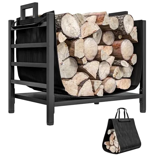 Outsunny Kaminholzregal 49 x 34 x 44 cm - schwarz - Praktisches Kaminholzregal für bis zu 50 kg Holz, mit herausnehmbarer Tragetasche und stabiler Metallkonstruktion. Ideal für eine ordentliche Lagerung im Garten oder Zuhause.