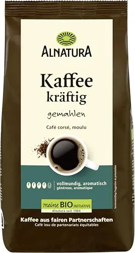 Alnatura Bio Kaffee, gemahlen, 500g - Gemahlener Kaffee mit vollmundigem Aroma, hergestellt aus ausschließlich handgepflückten Bohnen in hochwertiger Bio-Qualität. Ideal für Veganer und Vegetarier.