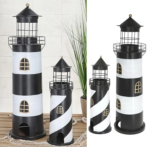 Leuchtturm 2er Set │ schwarz weiß S:15,4x46cm L:21,5x73cm Metall Glas │ Windlicht Kerze Leuchtfeuer (1 x 2er Set Windlicht Leuchturm schwarz)