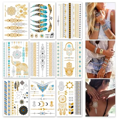 Flash Tattoos, Temporäre Klebe Tattoos Metallic Flash tattoos in Gold, Silber & Schwarz Temporäre Tätowierung Wasserdichte, Das perfekte Festival & Party Accessoire