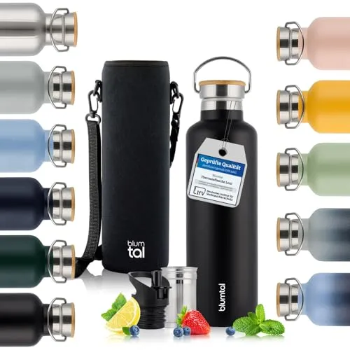 Blumtal Thermosflasche 1L - doppelwandige Trinkflasche Edelstahl 1L - Isolierflasche 1L BPA frei - Edelstahl Trinkflasche 1L - Teeflasche - Trinkflasche Thermo 1L - Sportflasche 1000ml - Black