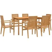 vidaXL 7-tlg. Garten-Essgruppe aus massivem Teakholz - Braun - Genieße unvergessliche Momente im Freien mit dieser stilvollen Garten-Essgruppe. Robuste Teakholz-Konstruktion für Langlebigkeit und hohen Komfort, ideal für entspannte Stunden im Garten.