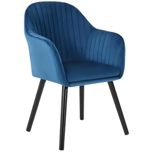 Woltu Esszimmerstuhl mit Armlehne - Blau - Eleganter Design Stuhl aus Samt mit Massivholzbeinen, ideal für jedes Esszimmer. Gepolsterte Armlehnen und Sitzfläche bieten hohen Komfort. Belastbarkeit bis 120 kg.