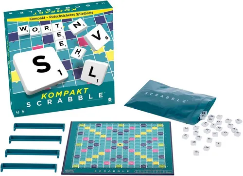 Mattel games Spiel Scrabble Kompakt - Gesellschaftsspiel für 2-4 Spieler, mit praktischer Kompaktbox und integriertem Spielbrett. Perfekt für spannende Spieleabende ab 10 Jahren!