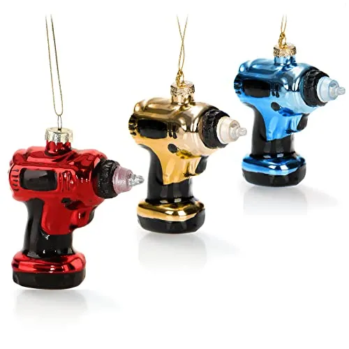 com-four® 3X Premium Christbaumschmuck - Deko-Bohrmaschine aus Glas - besondere Baumkugeln als Weihnachtsdeko - spezielle Weihnachtsbaumanhänger - hochwertige Christbaumkugeln (Bohrer - 3 Stück)