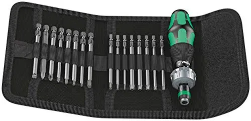 Wera Kraftform Kompakt 60 Bit-Set 17-teilig - Schraubenzieher-Set mit 17 Bits und praktischer Falttasche, ideal für schnelles Arbeiten dank Rapidaptor-Technologie und Ratschenfunktion.