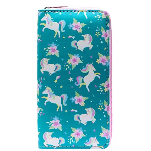 DonDon Geldbörse Damen mit Reißverschluss Portemonnaie Geldbeutel Damen Kinder Mädchen Einhörner und Blumen