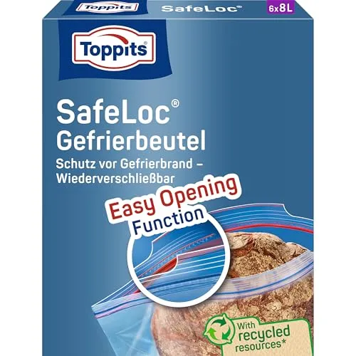 Toppits Doppelverschluss Gefrierbeutel SafeLoc - 6 x 8L, Extra dick & reißfest, Transparent, Ideal für Lebensmittelaufbewahrung