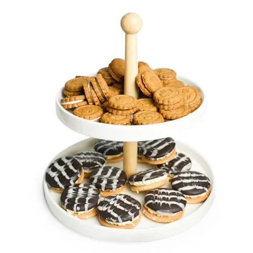 Sendez Etagere 2 Stöckig aus Porzellan mit Holzstamm Kuchenplatte Kuchenständer Servierständer