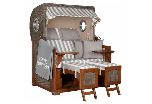 MR.DEKO Strandkorb 2-Sitzer Düne Bullauge grau - Hochwertiger 2-Sitzer Strandkorb aus Vollholz mit zwei Bullaugen, ideal für Garten, Terrasse und Balkon. Wetterfest mit waschbaren Polstern und verstellbarer Rückenlehne für maximalen Komfort.