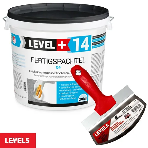 Finish Fertigspachtel 20 kg | Eimerschaber Reiniger Set - Mörtel, Putz, Zement & Gips - Hochwertige Spachtelmasse mit schneller Trocknung und einfacher Anwendung, ideal für Wände und Beton. Paket enthält 20 kg Fertigspachtel und Level5 Eimerschaber.