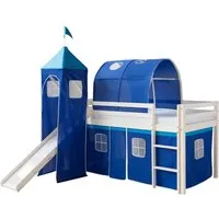 Homestyle4u Hochbett 90x200 mit Rutsche und blauem Vorhang - Betten für Kinderzimmer, bietet Platz und Spaß mit abnehmbarem Vorhang und sicherer Absturzsicherung.