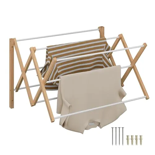 relaxdays Ausziehbarer Wäscheständer Wandmontage aus Holz/Weiß