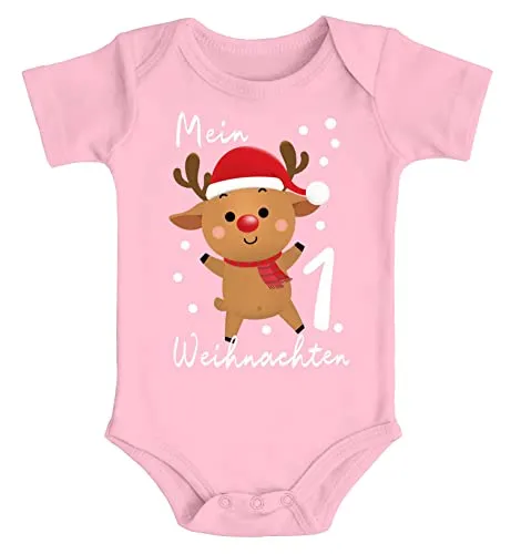 MoonWorks® Baby Body Mein 1. Weihnachten Rentier Grinch Lustig Weihnachtsoutfit Spruch Bio-Baumwolle Jungen & Mädchen rosa 0-3 Monate