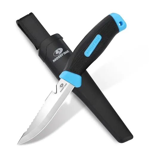 Mossy Oak Outdoor Messer feststehende Klinge, Jagdmesser mit Scheide, Angelmesser mit gezackten Zähnen zum Schuppen von Fischen, Seilschneider, für Camping Angel Wandern