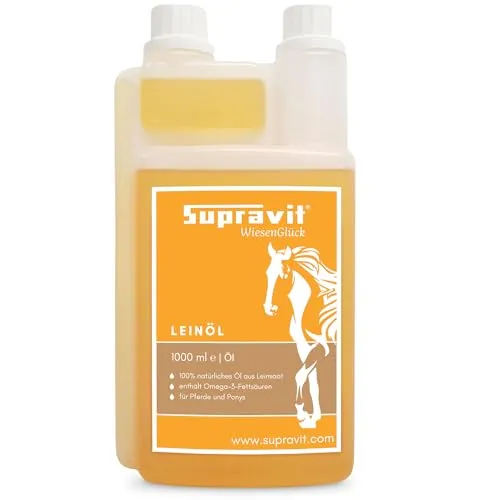 Supravit Leinöl für Pferde & Hunde | 1 Liter kaltgepresstes Leinsamenöl | Für glänzendes Fell - Hochwertiges kaltgepresstes Leinöl für Pferde und Hunde, ideal zur täglichen Fütterung. Reich an Omega 3 Fettsäuren, unterstützt es die Fellpflege und lässt sich einfach ins Futter integrieren.