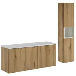 Badmöbel-Set, Eiche Wotan, Weiß, Holz, 140x57x40 cm, Badezimmer, Badmöbelsets & Badmöbelserien, Badmöbel-Sets
