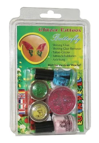 Eulenspiegel 730584 - Glitzer Tattoo Set Butterfly, Glitter-Set, Schmetterling, Karneval, Halloween, Mottoparty