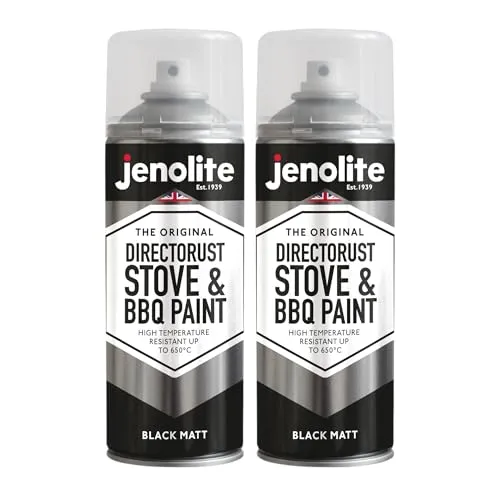 Produktbild JENOLITE Directorust Grill- und Herdspray, Schwarz, 2 x 400 ml, Hochtemperaturfarbe bis 650 °C, Grill, Ofen, Kamine, Holzbrenner, Automobil, Feuerschutzgitter