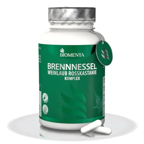 BIOMENTA Brennnessel + Weinlaub + Rosskastanie Komplex hochdosiert - 125 Kapseln synergetisch ergänzt mit Birkenblatt, Kupfer und Mangan - vegan - Premiumqualität