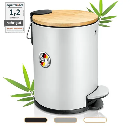 Exitoso kleiner Mülleimer Bad weiß - 3L Bambus Tretmülleimer mit Softclose - Abfallbehälter fürs Bad mit hochwertigem Bambusdeckel und rutschfestem Stand. Der geräuschlose Softclose-Mechanismus sorgt für eine sanfte und leise Nutzung.