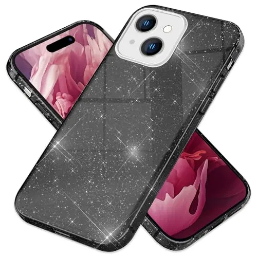 NALIA Glitzerhülle für iPhone 15 - Funkelnder Glitzer-Look & Grip - SHINEPOP (Silikon Case) - Marke aus Berlin, Farbe:Schwarz