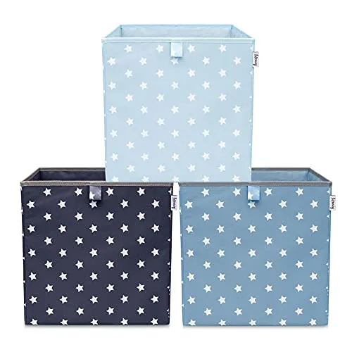 LIFENEY Aufbewahrungsbox 3er Set Sternenmotiv in Türkis, Anthrazit & Blau I Spielzeugbox mit Sternen passend für Würfelregale I Aufbewahrungskorb als Accessoire für dein Zuhause | 33x33x33 cm