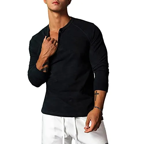 YCHSXAIZ Herren T-Shirt Henley Lange Ärmel Baumwolle Passform Schwarz XL