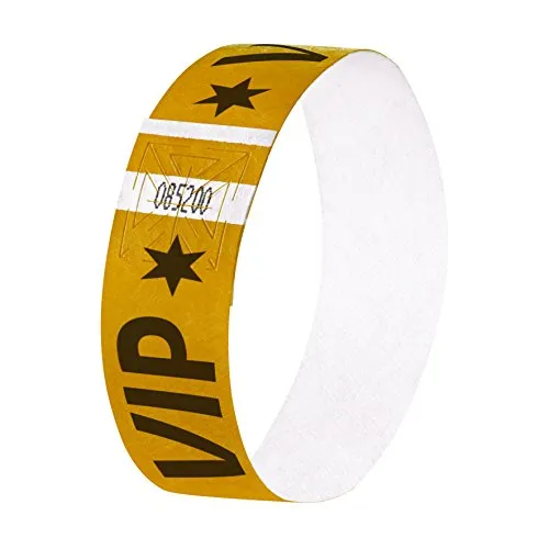 Sigel Einlassbänder EB217, Super Soft, gold - 120 wasserfeste und reißfeste Tyvek-Armbänder mit VIP Aufdruck. Ideal für diskrete Einlasskontrolle bei Veranstaltungen, hautfreundlich und anpassbar durch manipulationssicheren Klebeverschluss.