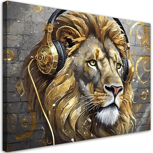 Feeby Leinwand Bilder - Musik Löwe Tiere - Canvas 60x40 cm - Deko Wohnzimmer - Wandbilder Schlafzimmer - Deko Aesthetic - Wand Deko - Leinwand Groß - Deko Zimmer - Leinwandbilder XXL