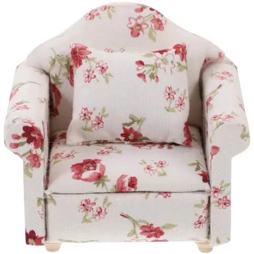 Puppenhaus Sofa 1:12 Puppenhaus Miniatur Möbel Modell Tuch Blumenmuster Couch Sessel Sofa Mit Kissen, Mini Möbel Set mit Rückenkissen DIY Mini Handwerk Zubehör