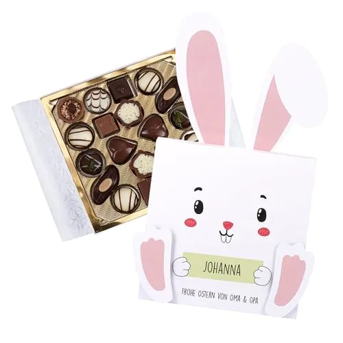 Herz & Heim® Personalisierte Pralinenbox Ostern – Süßes Osterhasen-Geschenk mit Name & Wunschtext – Schokoladen-Geschenk das Osterfest – Individuelle Osterüberraschung