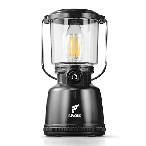 Favour Retro LED Laterne Outdoor | Helle Campinglampe, dimmbar, Kerzenlichtmodus | LED Lampe Akku aufladbar, IP64 wasserdicht, stoßfest | Hängelampe Zelt, abnehmbarer Schirm, schwarz inkl. Akku