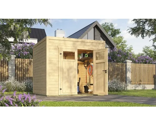 Weka Gartenhaus Batu 1,5 Flachdach Doppeltür 250x200 cm - Holz-Gartenhäuser mit stabilen 28 mm Wänden aus nordischer Fichte, ideal als Hobbyraum oder Stauraum. Die breite Doppeltür ermöglicht einfaches Einlagern sperriger Gegenstände.