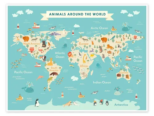 Posterlounge Wandbild Weltkarte mit Tieren (englisch), Kidz Collection, erhältlich als Poster, Leinwandbild, Wandsticker oder Acrylglasbild